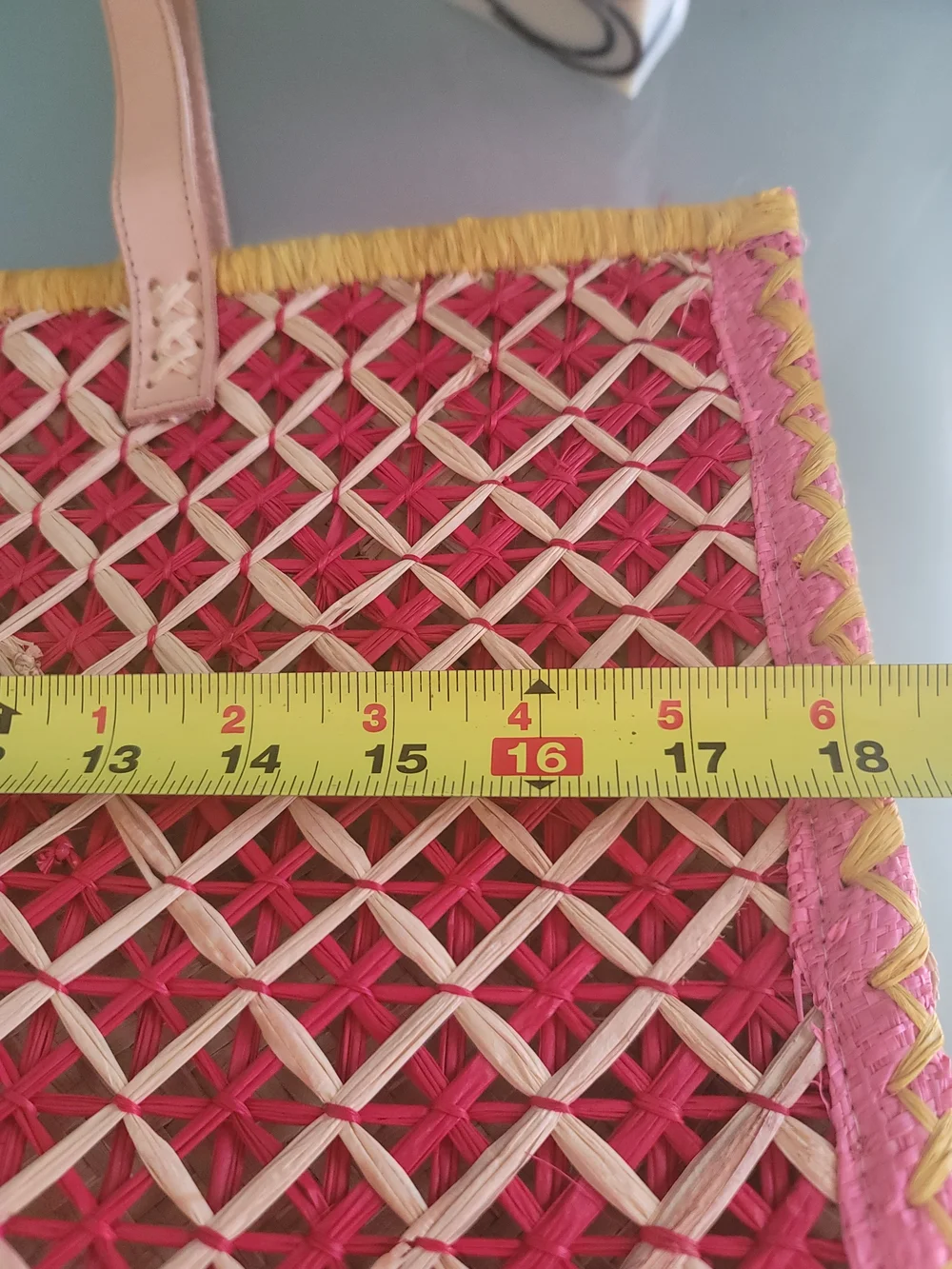 Tommy Bahama Raffia Pink Woven Tote with Yellow Trim and Tan Leather Straps